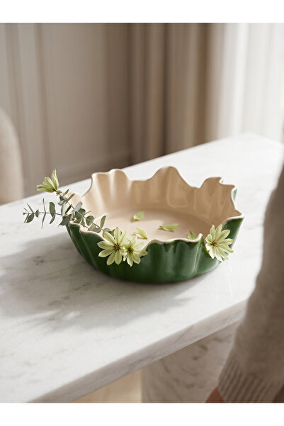 Beyaz İç Yüzeyli Dalga Form Dekoratif Yeşil Kase – 19 x 6 cm