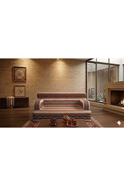 Xboat Traditional Arabic Majlis Sofa, Geometric Stripe Pattern, Beige and Red...