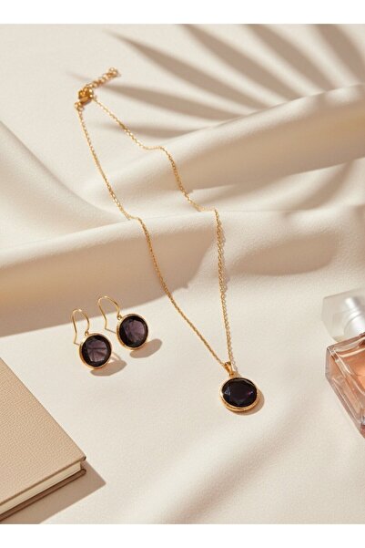 SR Jewelry Box 💜 Siyah Doğal Taş Görünümlü Kolye ve Küpe Seti – Gold Çerçeve...
