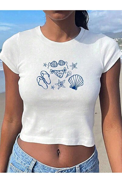 LUMSHİNE Women's Seashell Printed Tee Crop