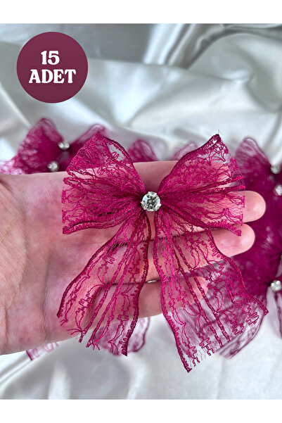 EvremStore 15 Adet Bordo Dantel Kristal Taşlı Fiyonk 7x8 cm El Yapımı Çeyiz K...