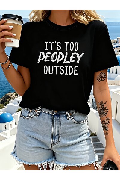 LİNA06 تي شيرت نسائي بطبعة ممزقة بتصميم "It's Too Peopley Outside"، قميص للقا...