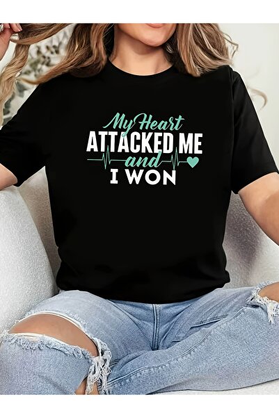 NOURAM تي شيرت نسائي، بطبعة "My ATTACKED ME and I WON" ECG على شكل قلب، أسود ...