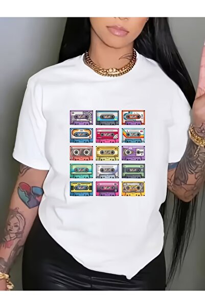 212Wear تي شيرت نسائي بتصميم شريط كاسيت عتيق - بلوزة بأكمام قصيرة بتصميم ريتر...
