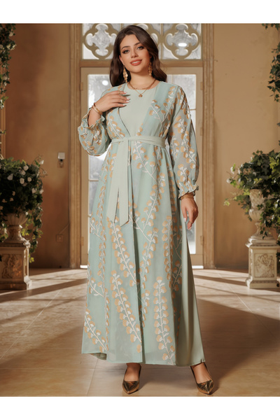 Take Two By Styli Green Printed Abaya With Inner Maxi Dress