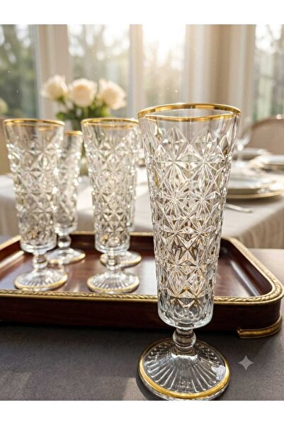 RADIANCE Kristal Gold Detaylı 6 lı Ayaklı Set Kahveyanı/Sunum/Meşrubat/Su/Kok...