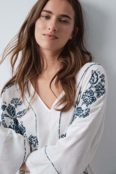 Women'secret White Floral Print Viscose Kaftan Dress