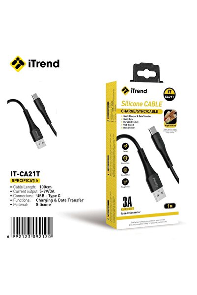 itrend Cablu USB-A la USB-C iTrend, 1 m, Încărcare Rapidă 3A, Silicon, Negru