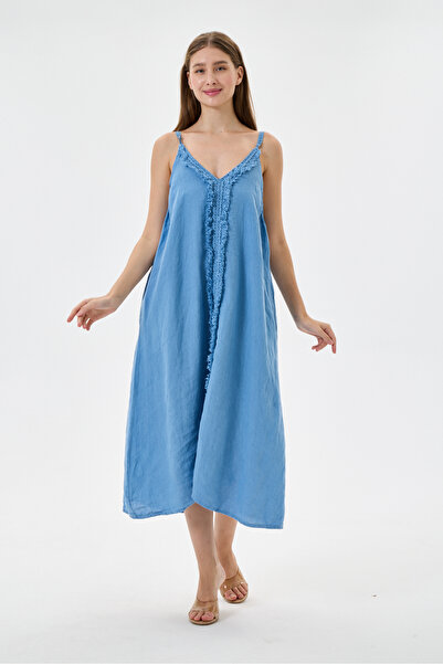 della moor Blue Italian 100% Linen Long Linen Dress with Tassels and Adjustab...