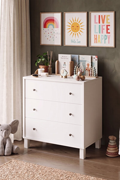 Yurudesign Noren Şifonyer 3 Çekmece Ahşap Ayaklı Bebek ve Çocuk Odası Beyaz N...