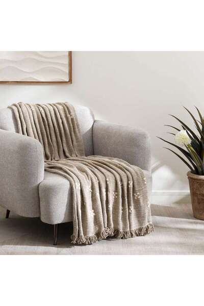 PAN HOME Pinwheel Linen Dotty Fringed Throw 125x150cm -Linen