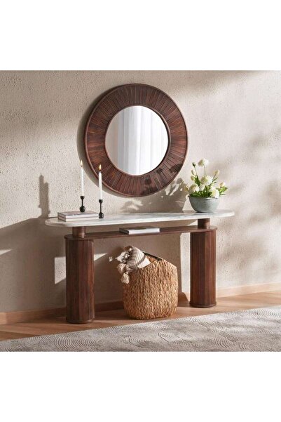PAN HOME DRITON CONSOLE TABLE WITH MIRROR MARBLE - WHITE & LIGHT BROWN