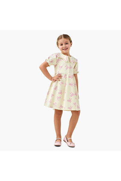 Juniors Sailor Neck Short Sleeves A-Line Dress with Bow Print