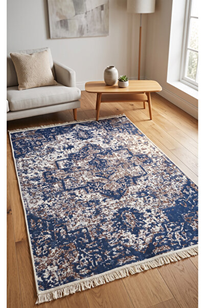 Bovia Home Vintage Lacivert Krem Eskitme Desenli Saçaklı Dokuma Salon Kilimi