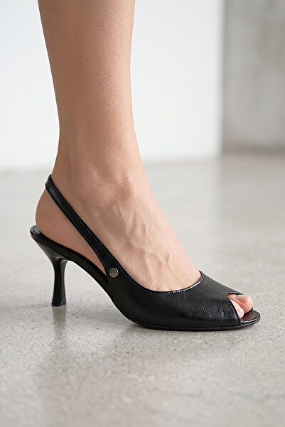 Lady Sunna Calverar (4/6 cm) Siyah Rugan Arkası Açık Peep Toe Kadın Topuklu Ayakkabı