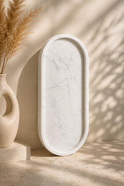 Lyzovi Mermer Desenli Lüks Oval Dekoratif Tepsi | 24.9 x 12.1 cm Lüks Masaüst...