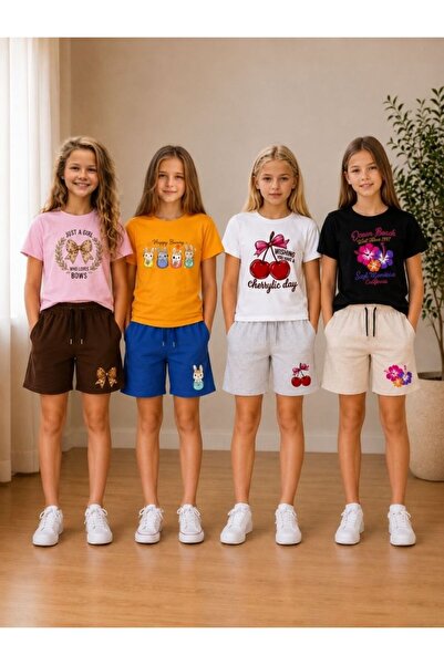 cm buseyiz C&M Girls' Multi-Colored Printed 4-Piece Shorts Set