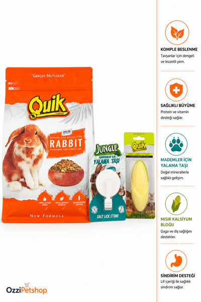 ozzipetshop Tavşan Premium Bakım Seti Komple Yem Tuz Yalama Taşı Mısır Kalsiy...
