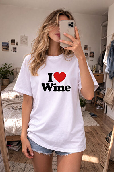 cesita I Love Wine Printed Cotton White T-Shirt T-Shirt