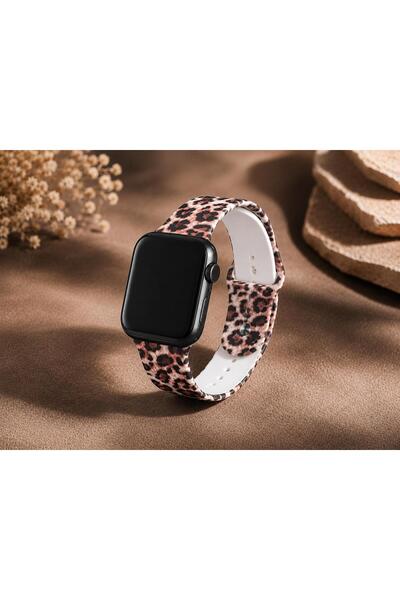 Apple Watch Uyumlu 4 5 6 7 8 9 10 Se 38 40 41 42mm Uyumlu Leopar desenli kordon silikon