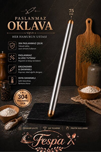 Fespa 304 Paslanmaz Çelik Gold Başlıklı Oklava,Hamur Açma Merdanesi 75 Cm Ham...