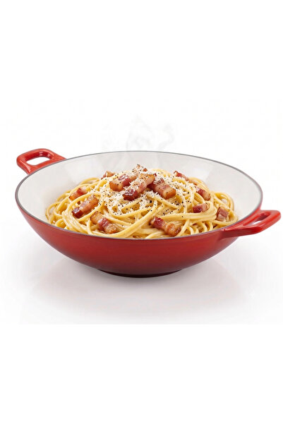 EFONTA Wok din Fontă Emailată 37 cm, Roșu Exterior / Alb Interior