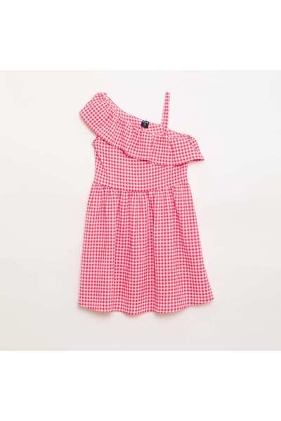 KIABI Asymmetrical Ruffled Gingham Dress PINK