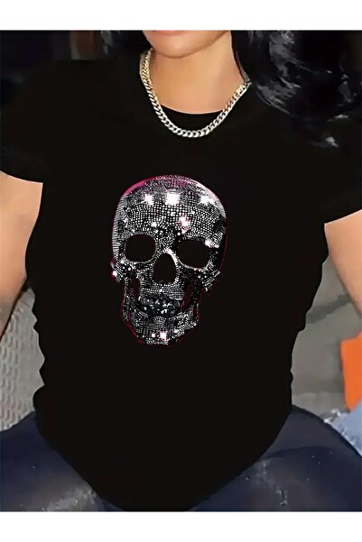 Astogria13 Short Sleeve T-Shirt with Rhinestone Skull Design, Fabric, Lightwe...