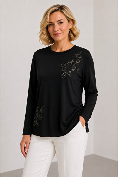 bihan store Women's Crew Neck Leaf Motif Long Sleeve Women's Blouse Y26-1096 ...
