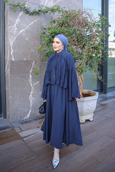 İmajButik Navy Blue Belted Pleated Shirt and Skirt Set