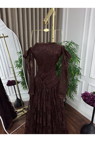 ranin Dark Brown Lace Long Sleeve Evening Dress with Side Draping and Tiered ...