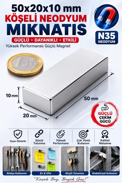 Dünya Magnet 50x20x10 mm Köşeli Neodyum Mıknatıs N35 Güçlü Magnet Süper Güçlü...