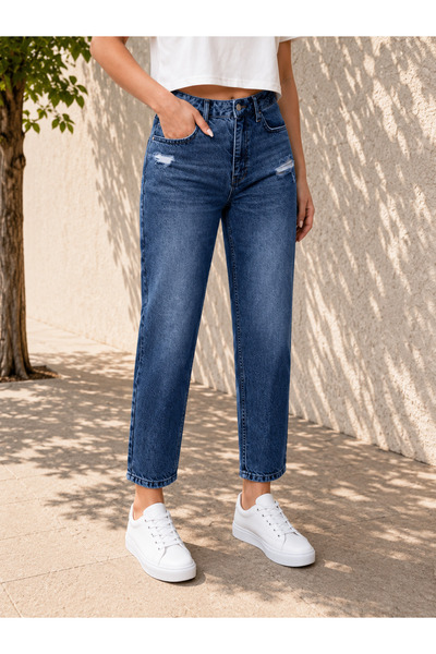 MARA BRANCO Women's Dark Blue High Waist Mom Fit Ripped Detailed Denim Jean T...