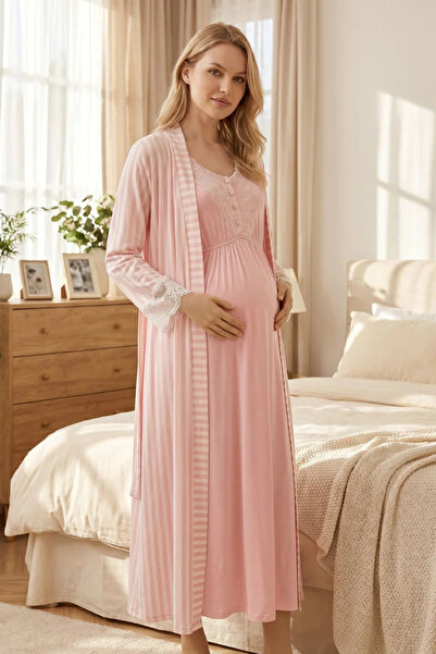 Rimel Homewear طقم ثوب نوم نسائي وردي مخطط للحوامل والمرضعات مع تفاصيل من الد...
