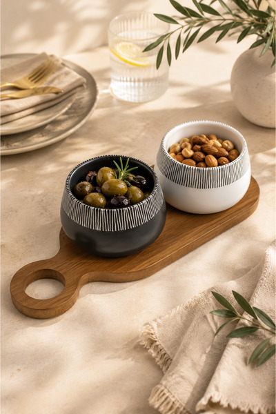 PUPSI Platou Aperitive din Bambus cu 2 Boluri Ceramice, Tavă Servire cu Mâner...