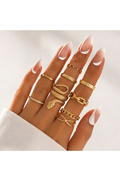 NO NAME Set 9 Inele Damă, Model Șarpe și Design Geometric, Culoare Auriu, Sti...