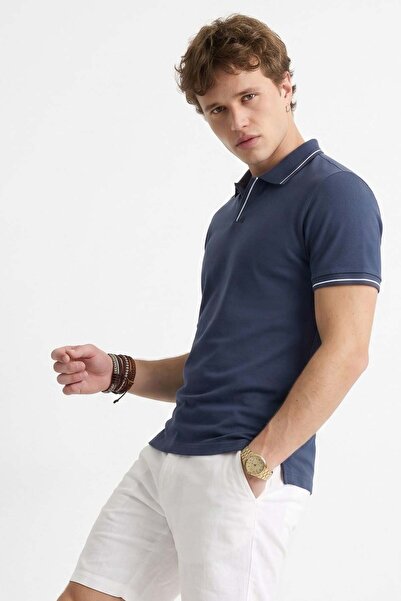 BARRELS AND OIL Men's Polo Collar Contrast Striped T-Shirt - Navy Blue