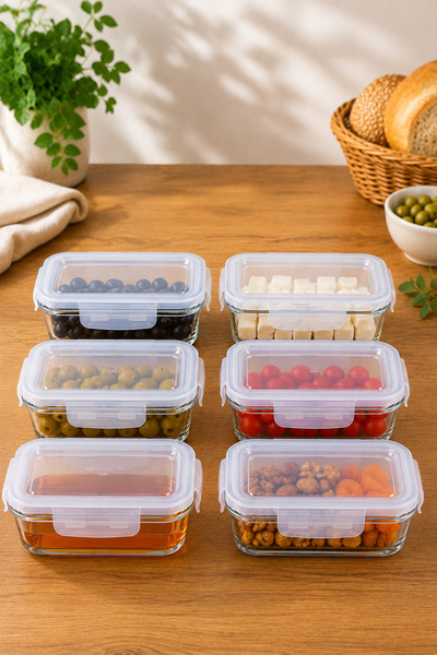 Karçiçeği Home Set of 6 185 ml Vacuum Rectangular Glass Breakfast Storage Con...