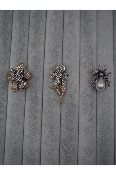 Stelle Jewelry 3'lü Vintage Kristal Taşlı Broş Seti – Çiçek ve Arı Figürlü Me...
