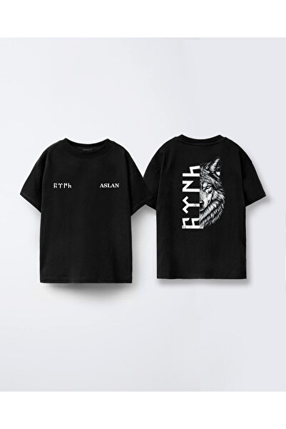 cesita Kişiye Özel Göktürkçe Türk İsim Baskılı Pamuklu Siyah Tişört T-shirt