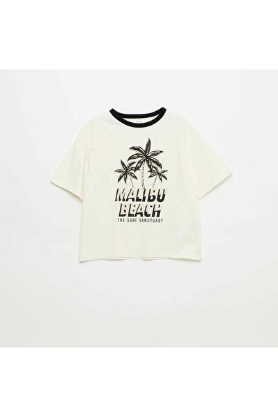 KIABI Short-Sleeve Patterned T-Shirt with Contrasting Trim WHITE