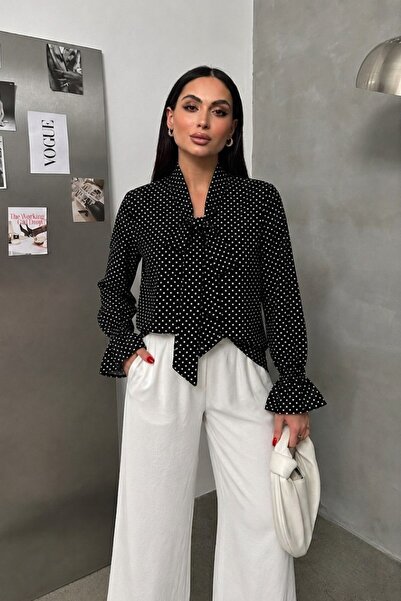 msm fashion Kadın Bluz Desenli Uzun Kollu Bağlamalı Fular Yaka Rahat Kalıp La...