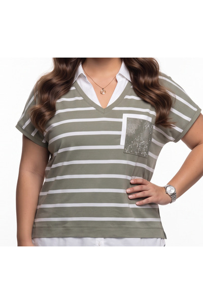 DAIDO Tricou de damă cu dungi, cu decolteu în V, cu mânecă scurtă, cu buzunare, confortabil 20Y331900224