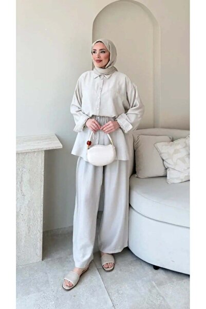 Miraydın Butik طقم بنطلون تونيك نسائي بحزام خصر M6034 - حجري