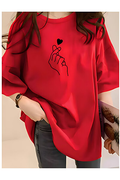 classy moda تي شيرت نسائي أحمر طويل كبير الحجم مطبوع برقبة دائرية