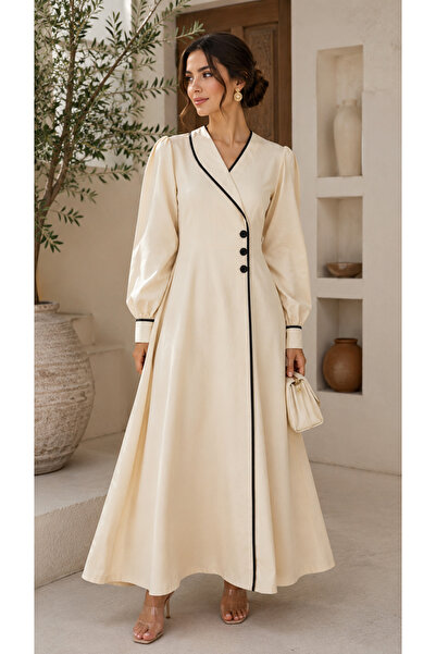 Libas lab - Ivory Contrast Trim Wrap-Style Modest Maxi Dress