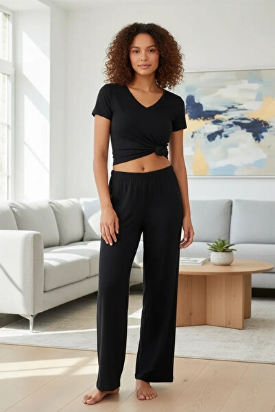 mtm My The Mall Women's Black Soft Textured Flowing Form Pants Relaxed Fit St...
