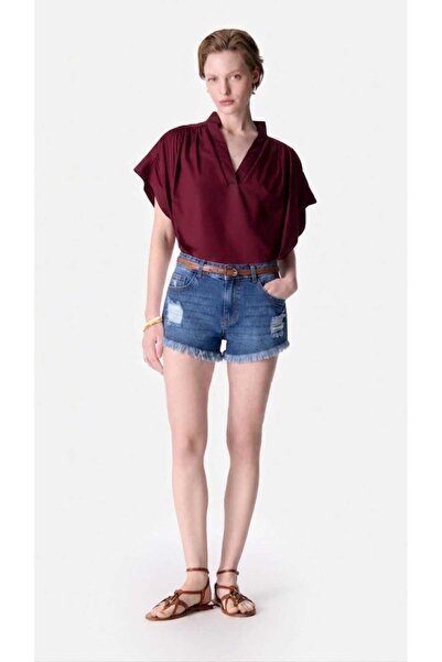 BeHill Be Hill Kadın Mavi Yırtık Detaylı Püsküllü Denim Şort