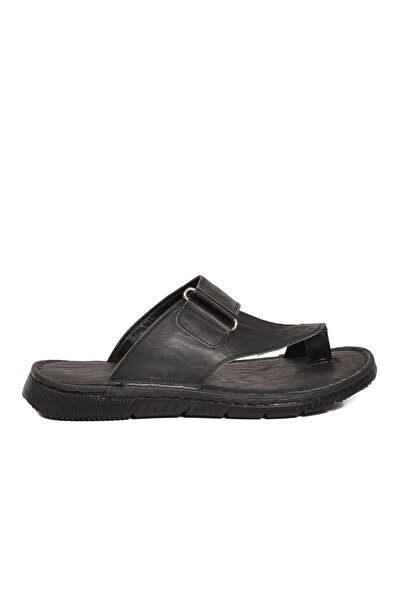 Castle Black Black Genuine Leather Men's Flat Slippers