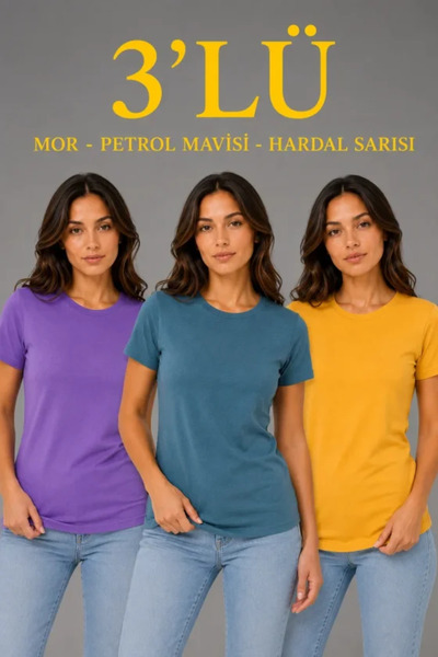Simala 3-Pack Short Sleeve Crew Neck Basic Slim Fit T-Shirt - Purple - Petrol...